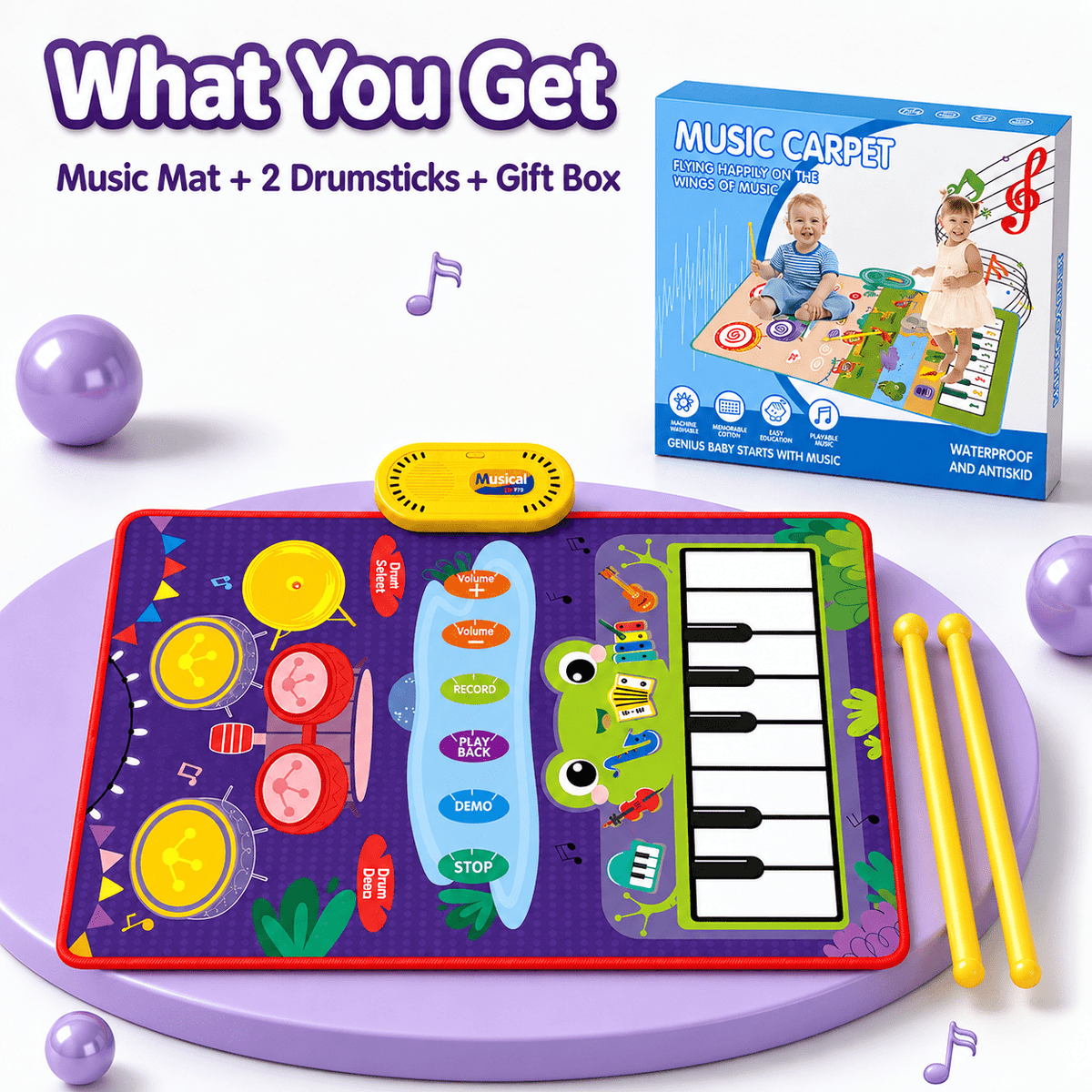 ICREOPRO 3-in-1 Toddler Musical Play Mat, Piano and Electronic Drum Toy with 13 Touch Keys, 6 Instrument Sounds and 2 Drumsticks, Birthday Christmas Gift for Girls and Boys Ages 18 Months-4 Years, Pu