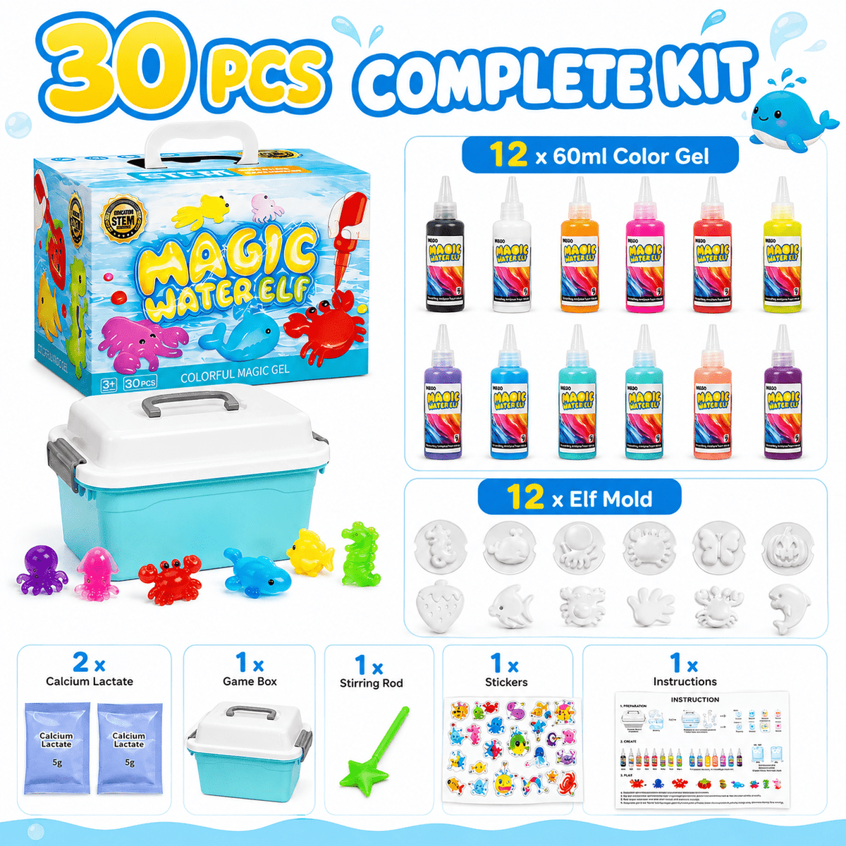 ICREOPRO Magic Gel Water Pets Toy Kit for Kids, 30-Piece Magic Water Elf DIY Craft Set with 12 Color Gels, 12 Reusable Molds and Activity Box, Birthday & Summer Gifts for Kids Ages 3+