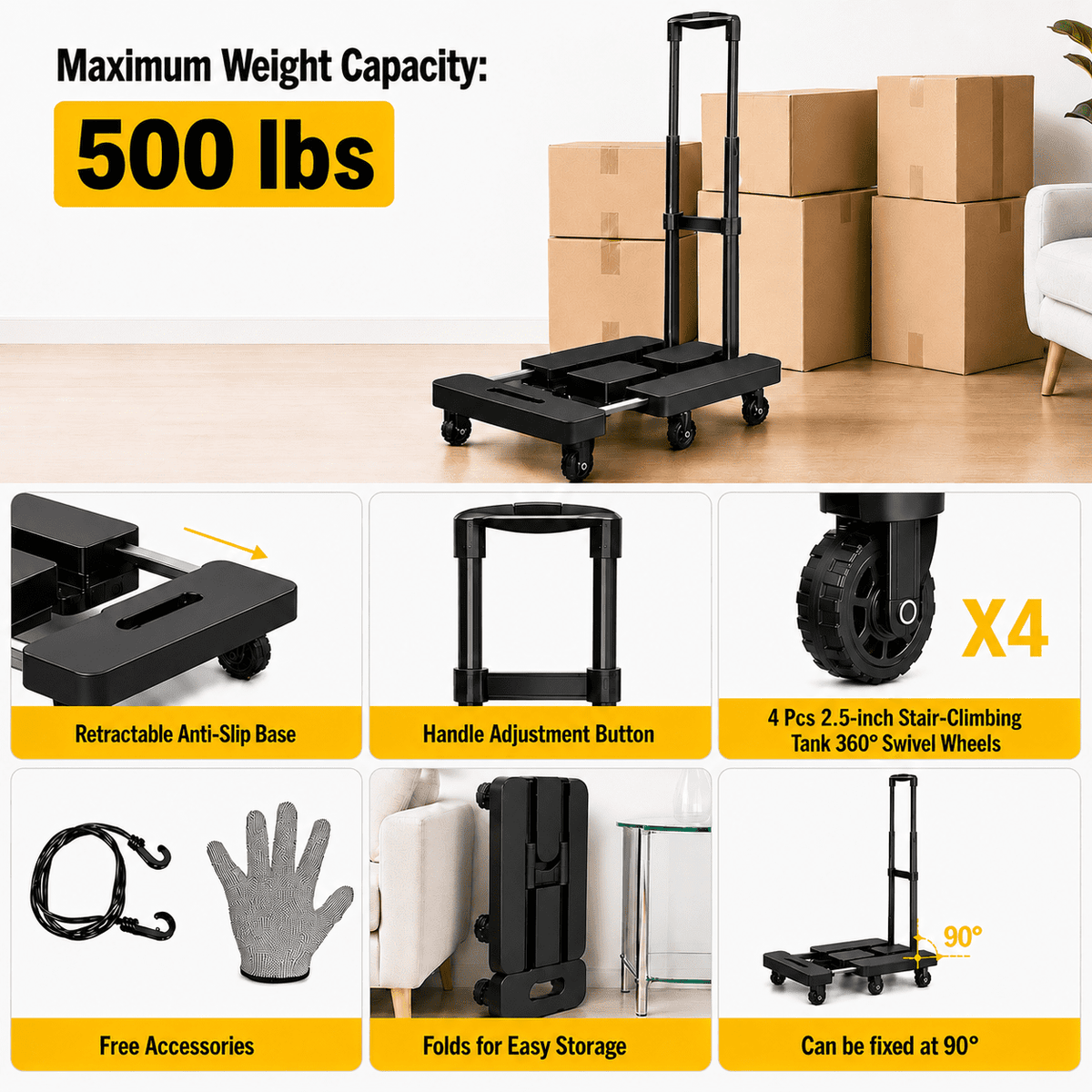 Icreopro Folding Hand Truck, 500 lbs Heavy Duty Dolly Cart, 6 Stair Climbing Wheels, Telescopic Handle, Utility Cart for Moving Shopping Travel, Black
